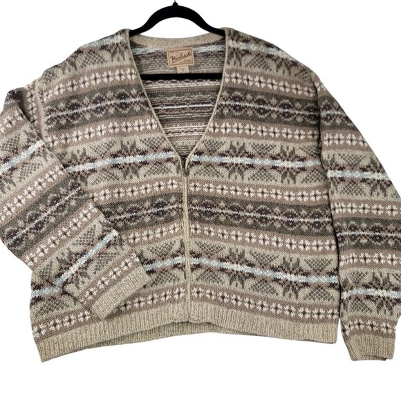 90s Woolrich Womens XL Fair Isle Knit Full Zip Sweater Beige Brown Made In USA - Picture 1 of 10